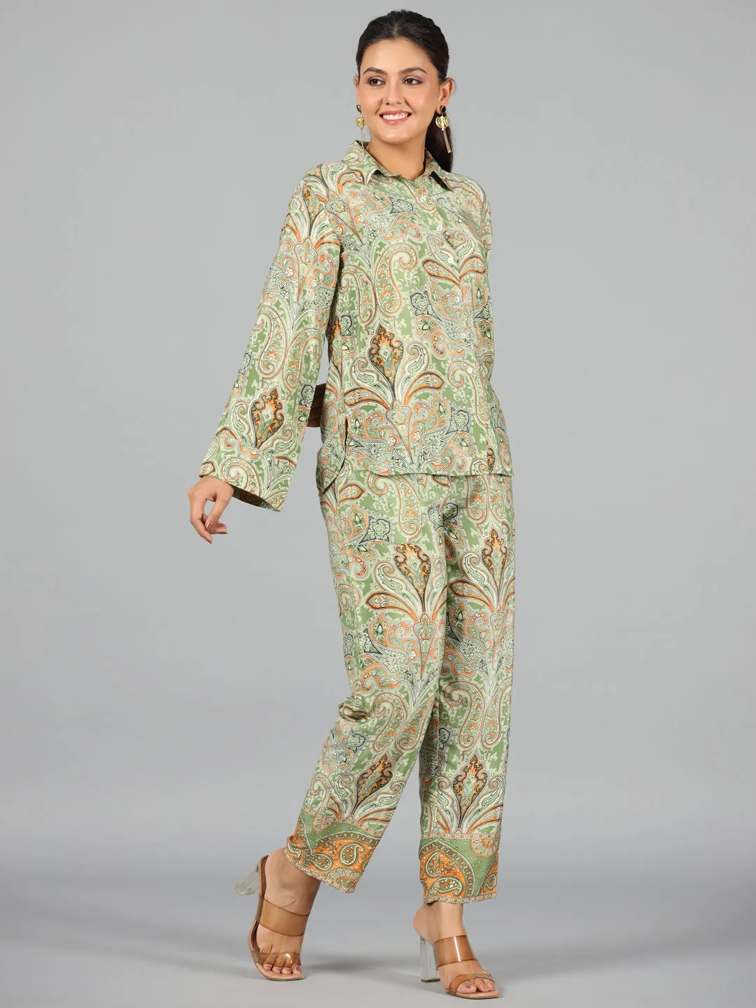 Juniper Women Green Kasturi Silk Printed Co-ord  Set