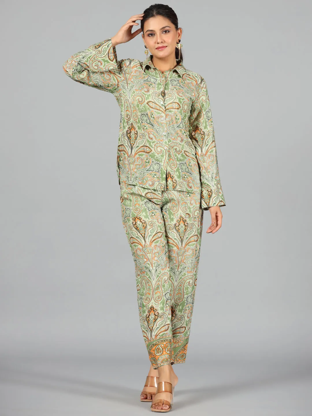 Juniper Women Green Kasturi Silk Printed Co-ord  Set