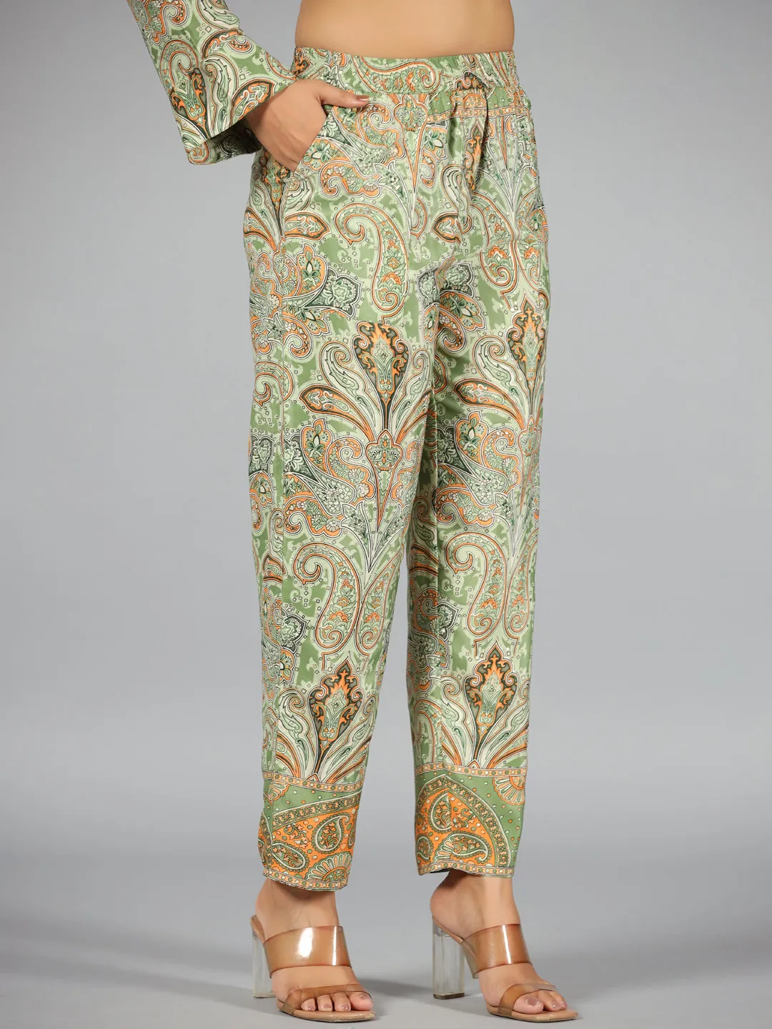Juniper Women Green Kasturi Silk Printed Co-ord  Set