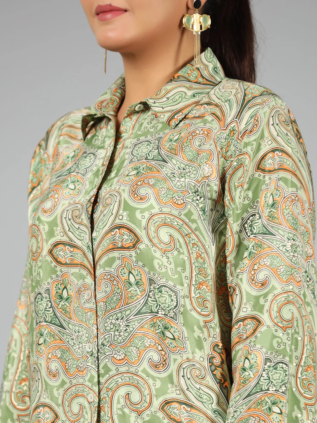 Juniper Women Green Kasturi Silk Printed Co-ord  Set