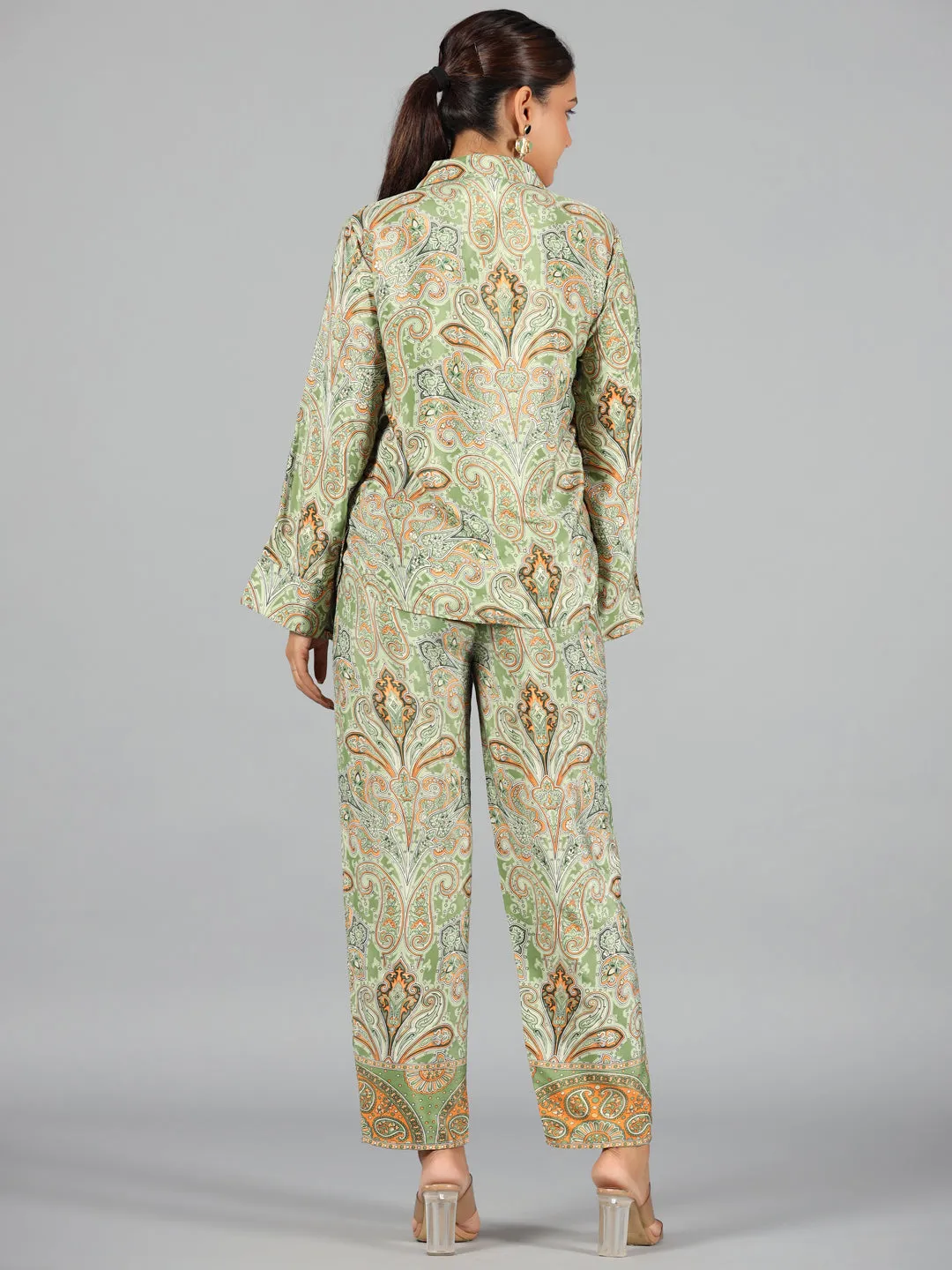 Juniper Women Green Kasturi Silk Printed Co-ord  Set