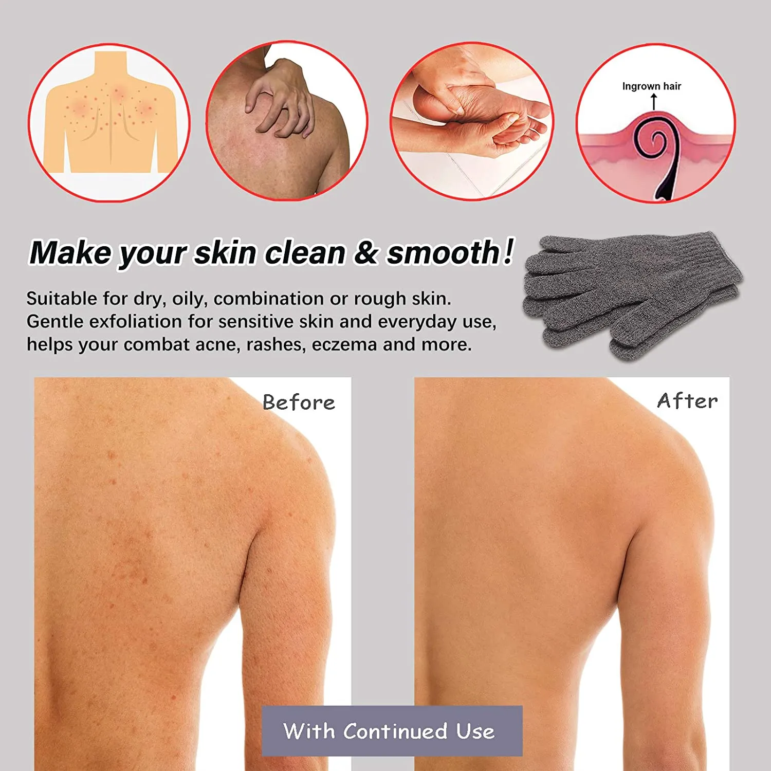 MIG4U Shower Exfoliating Scrub Gloves Medium to Heavy Bathing Gloves Body Wash Dead Skin Removal Deep Cleansing Sponge Loofah for Women and Men 1 Pair Gray