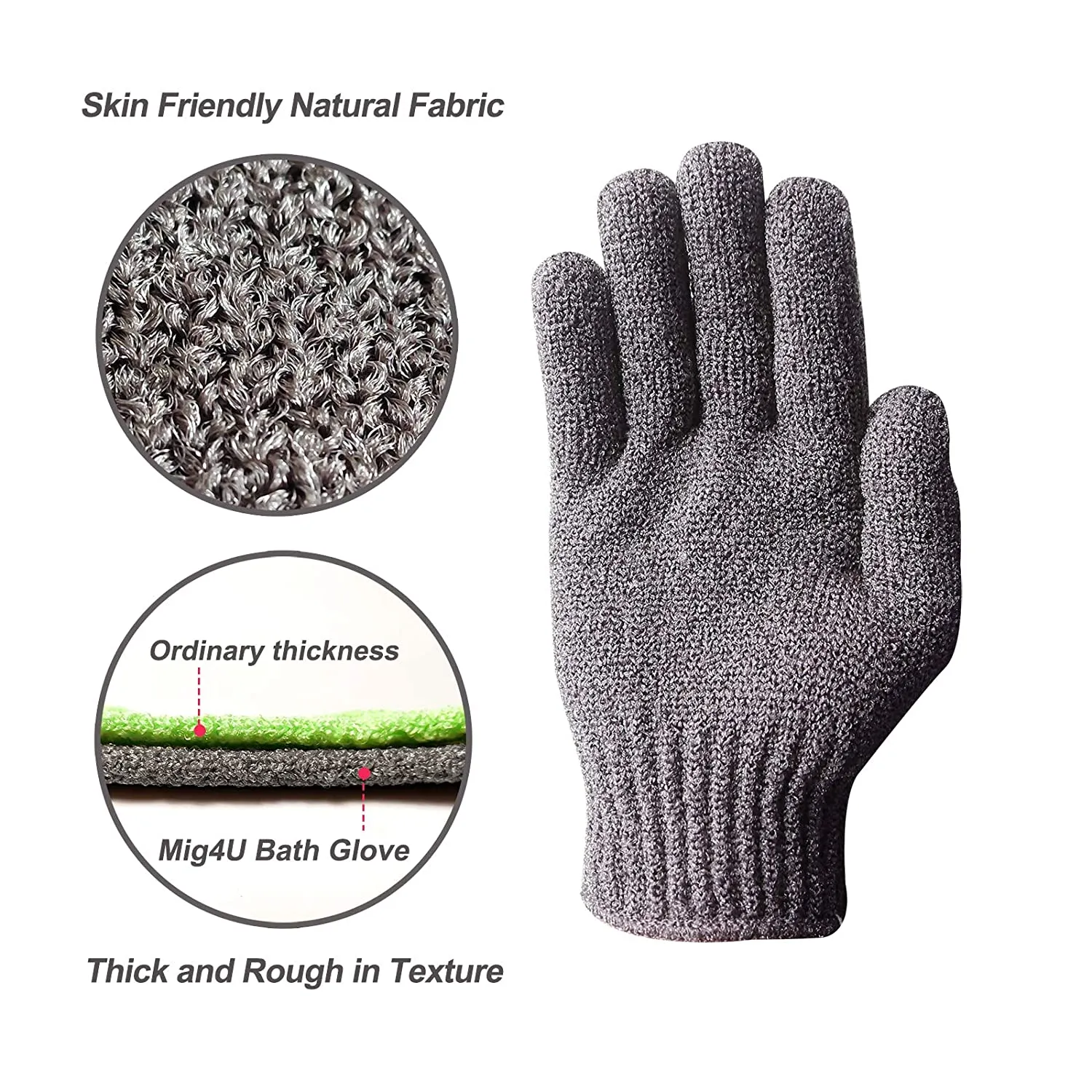 MIG4U Shower Exfoliating Scrub Gloves Medium to Heavy Bathing Gloves Body Wash Dead Skin Removal Deep Cleansing Sponge Loofah for Women and Men 1 Pair Gray