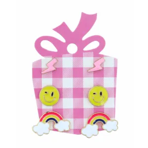 Pink Lightening Bolt, Happy Face, Rainbow Earring